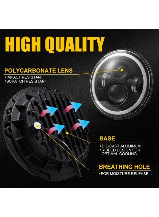 7 Inch 60W LED Headlight – Halo Angel Eye, White & Amber Light, Round Harley Style Headlamp for Motorcycle & Car Modification - Image 5